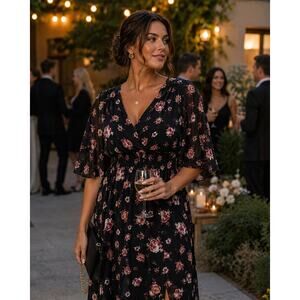 City Chic Floral Mini Dress Black Pink Faux Wrap Plus Size L 20 Boho